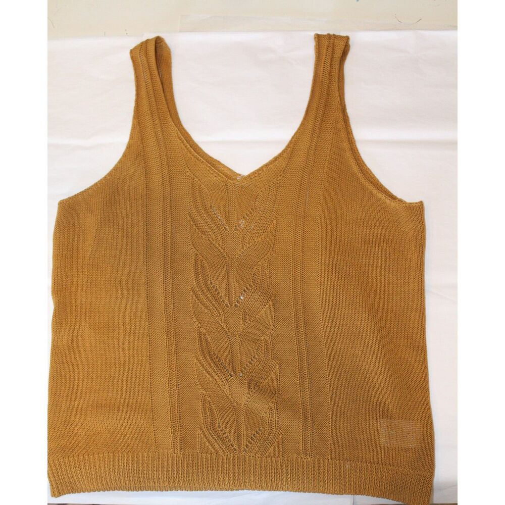 Mustard Tan V-Neck Knit Sweater Tank Top Pointelle Leaf Cable Knit Small‎